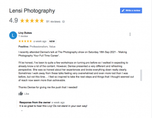 Google Review of Turning Pro Photography Masterclass