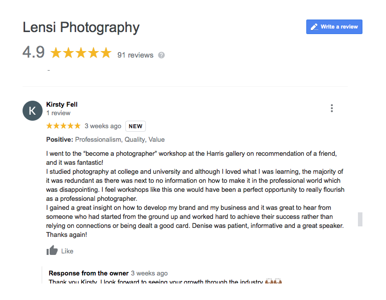 Google Review for Harris Museum Photography Workshop