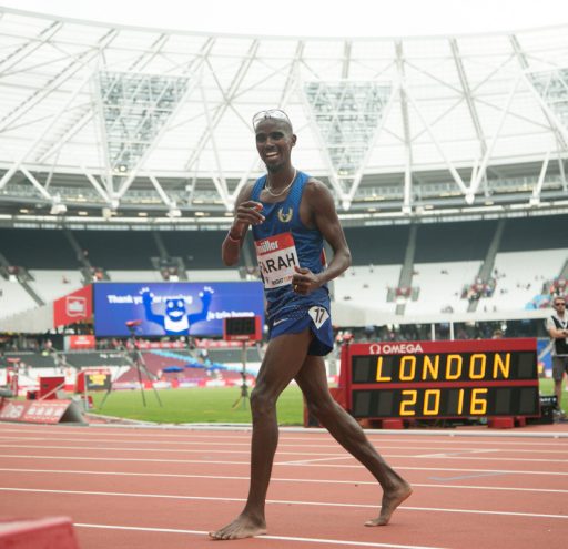 Mo Farah wins the mens 5000m while lapping other competitors at the Muller Anniversary Games in London UK. 23/07/2016